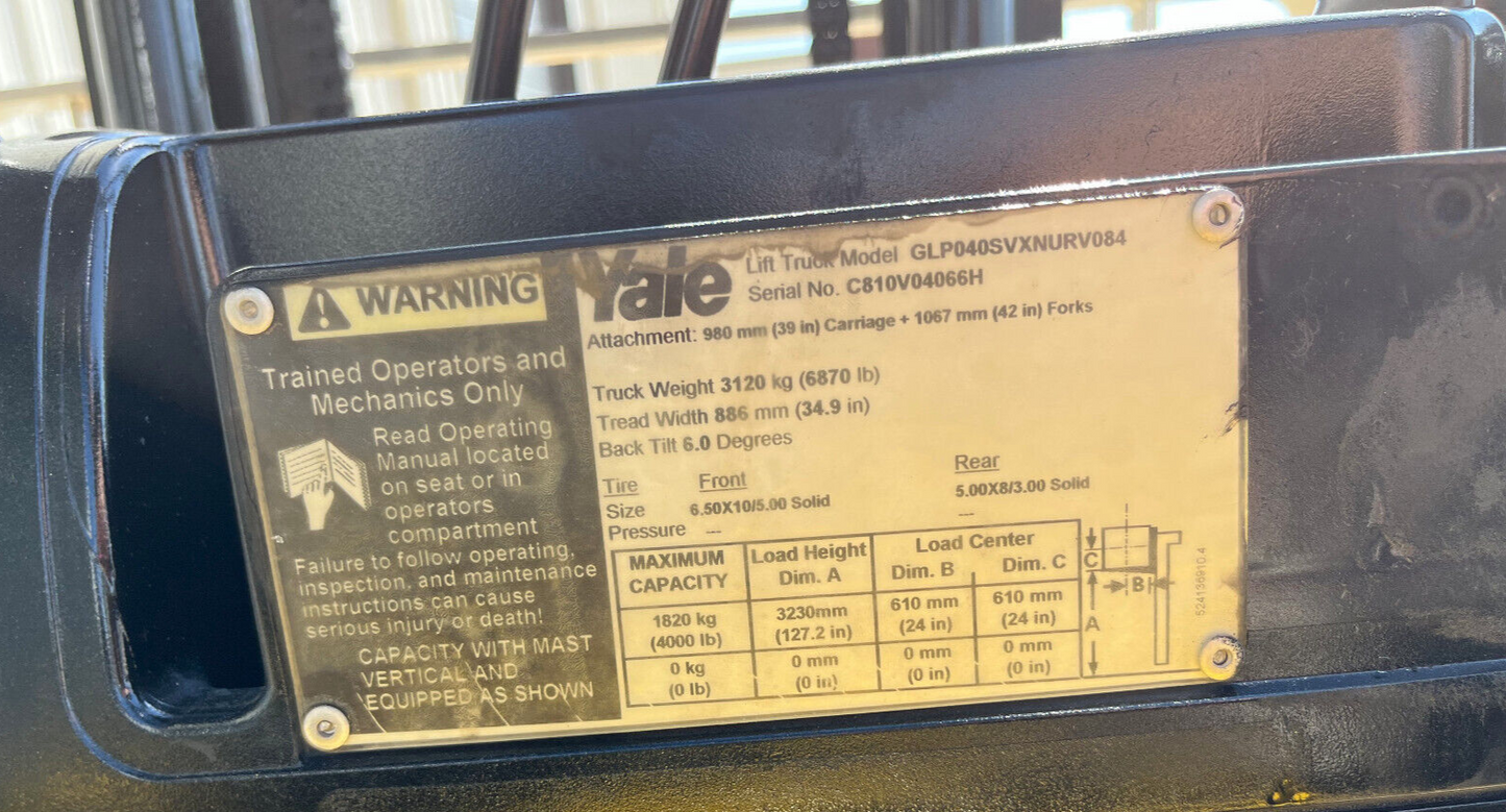 2010 Yale Propane Forklift | 2929 hrs - 4000lb capacity