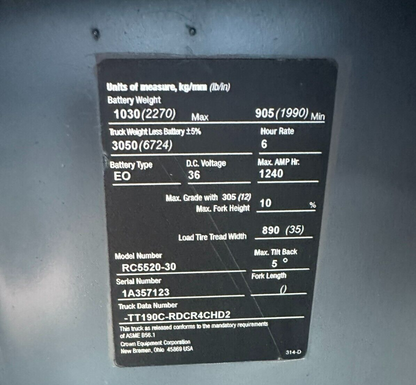 2010 Crown RC Forklift | 10,099 hrs - 3500lb capacity